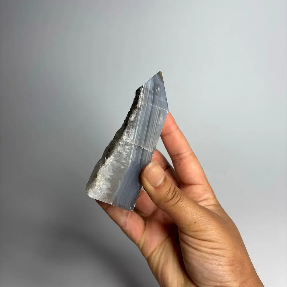 Polished Blue Grey Agate Crystal Tower with Druzy Quartz